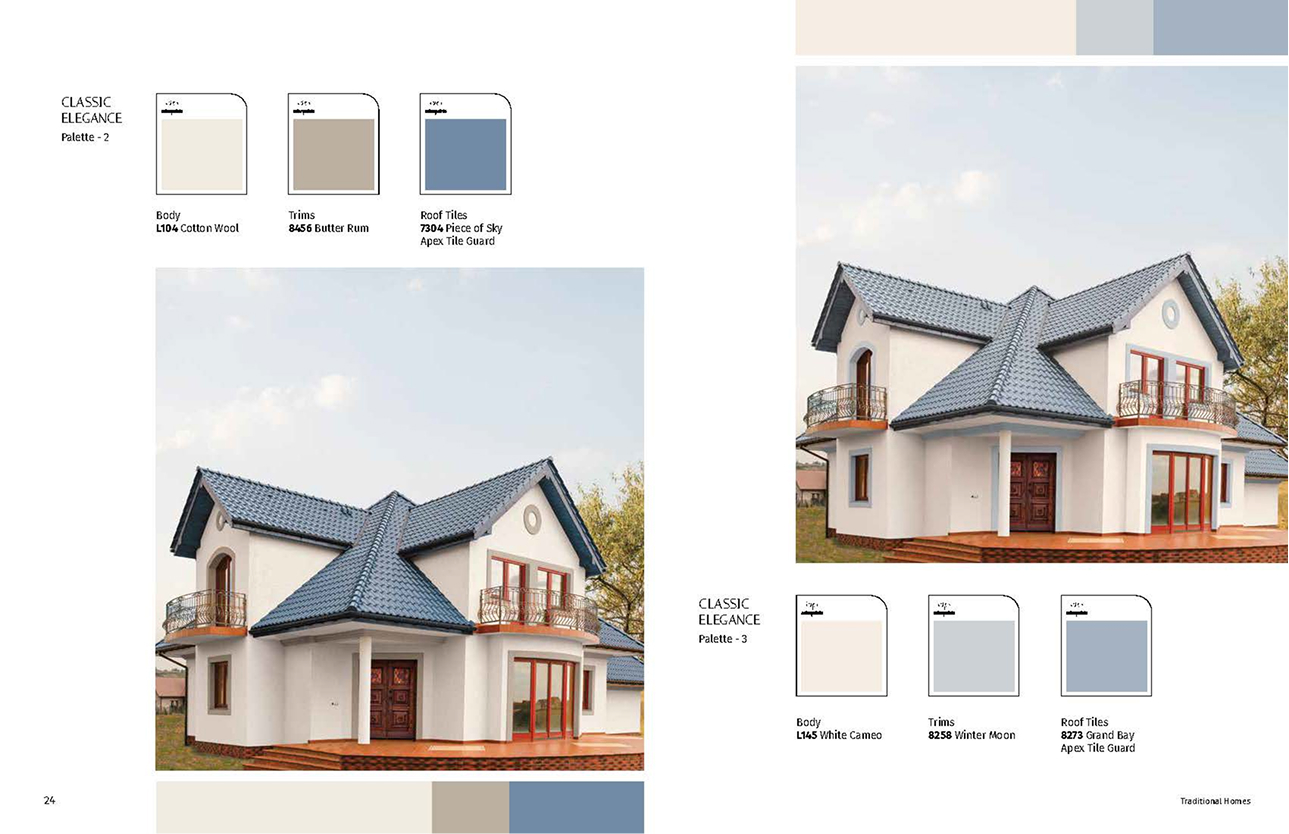 Ranganataka colour system: houses paired with Body, Trims and Roof Tiles palette swatches